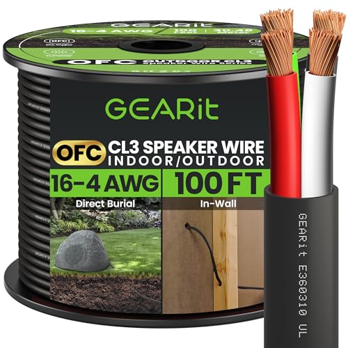 GearIT 16/4 Lautsprecherkabel (30,5 m) 16AWG Gauge, schwarz 4-Leiter/Outdoor Direct Burial in Ground/in Wall / CL3 CL2 bewertet - OFC sauerstofffreies Kupfer, schwarz 30,5 m von GearIT