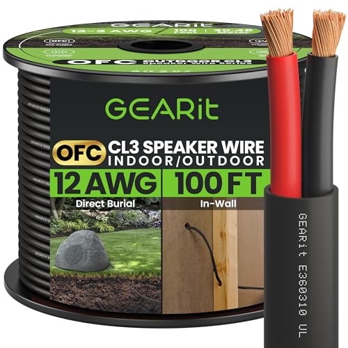 GearIT Lautsprecherkabel (12/2), 30 m, Stärke 12 AWG, für den Außenbereich, direkte Erdung/in der Wand, CL3, CL2, 2 Leiter, OFC sauerstofffreies Kupfer, Schwarz, 30,5 m von GEARit