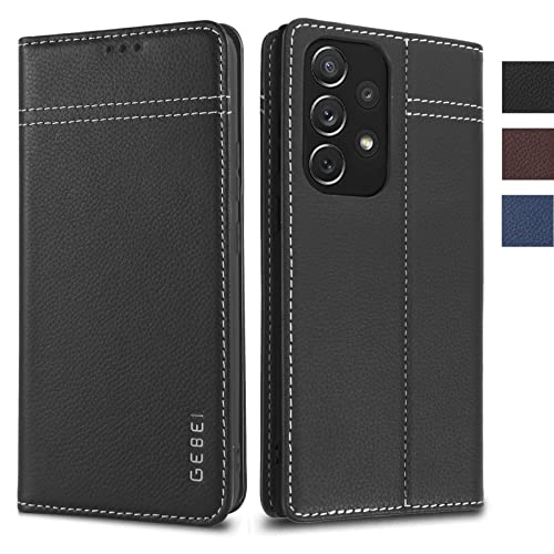 Handyhülle Echt Leder für Samsung Galaxy A53 5G Hülle mit Standfunktion Kartenfach Premium Echt Leder Schutzhülle klappbar A53 5G Flip Case Cover Stoßfeste Klapphülle Samsung Galaxy A53 5G Schwarz von Gebei