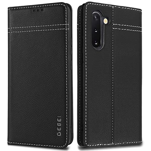 Hülle Echt Leder für Samsung Galaxy Note 10 (6,3") - Premium Echte Lederhülle mit Standfunktion Kartenfach Magnetverschluss Flip Case Ledertasche Handyhülle Schutzhülle Klapphülle – Schwarz von Gebei