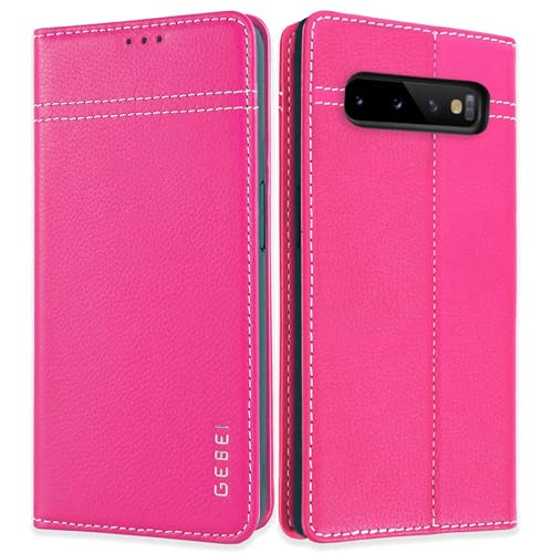 Hülle Echt Leder für Samsung Galaxy S10 (6,1“) - Premium Echte Lederhülle mit Standfunktion Kartenfach Magnetverschluss Flip Case Ledertasche Handyhülle Schutzhülle Klapphülle – Pink von Gebei