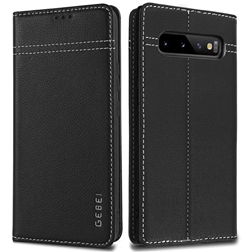 Hülle Echt Leder für Samsung Galaxy S10 (6,1“) - Premium Echte Lederhülle mit Standfunktion Kartenfach Magnetverschluss Flip Case Ledertasche Handyhülle Schutzhülle Klapphülle – Schwarz von Gebei