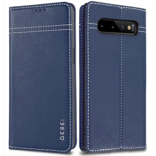 Hülle Echt Leder für Samsung Galaxy S10 Plus/S10+ (6,4“) - Premium Echte Lederhülle mit Standfunktion Kartenfach Magnetverschluss Flip Case Ledertasche Handyhülle Schutzhülle Klapphülle – Blau von Gebei