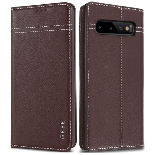Hülle Echt Leder für Samsung Galaxy S10 Plus/S10+ (6,4“) - Premium Echte Lederhülle mit Standfunktion Kartenfach Magnetverschluss Flip Case Ledertasche Handyhülle Schutzhülle Klapphülle – Braun von Gebei