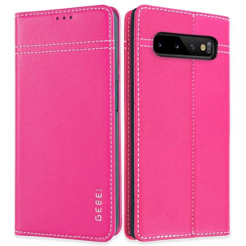 Hülle Echt Leder für Samsung Galaxy S10 Plus/S10+ (6,4“) - Premium Echte Lederhülle mit Standfunktion Kartenfach Magnetverschluss Flip Case Ledertasche Handyhülle Schutzhülle Klapphülle – Pink von Gebei