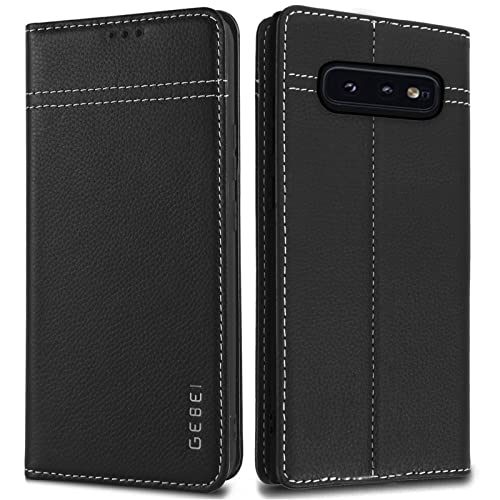 Hülle Echt Leder für Samsung Galaxy S10E (5,8“) - Premium Echte Lederhülle mit Standfunktion Kartenfach Magnetverschluss Flip Case Ledertasche Handyhülle Schutzhülle Klapphülle – Schwarz von Gebei