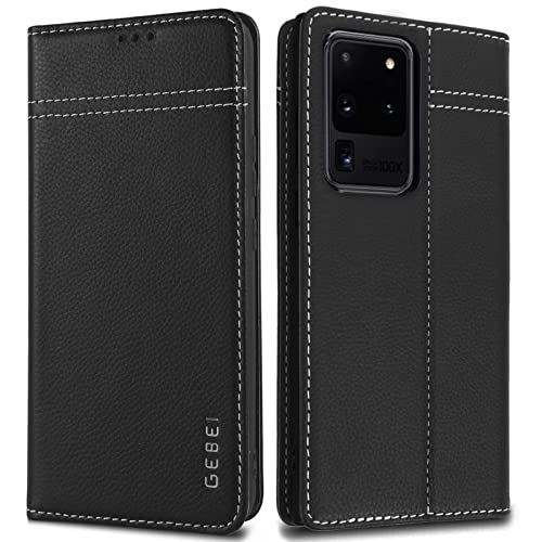 Hülle Echt Leder für Samsung Galaxy S20 Ultra (6,9") - Premium Echte Lederhülle mit Standfunktion Kartenfach Magnetverschluss Flip Case Ledertasche Handyhülle Schutzhülle Klapphülle – Schwarz von Gebei