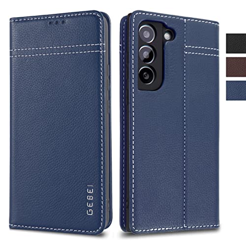 Hülle Echt Leder für Samsung Galaxy S21 FE 5G - Premium Echte Lederhülle mit Standfunktion Kartenfach Magnetverschluss Flip Case Ledertasche Handyhülle Schutzhülle Klapphülle – Blau von Gebei