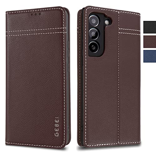 Hülle Echt Leder für Samsung Galaxy S21 FE 5G - Premium Echte Lederhülle mit Standfunktion Kartenfach Magnetverschluss Flip Case Ledertasche Handyhülle Schutzhülle Klapphülle – Braun von Gebei