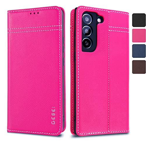 Hülle Echt Leder für Samsung Galaxy S22 5G - Premium Echte Lederhülle mit Standfunktion Kartenfach Magnetverschluss Flip Case Ledertasche Handyhülle Schutzhülle Klapphülle – Pink von Gebei