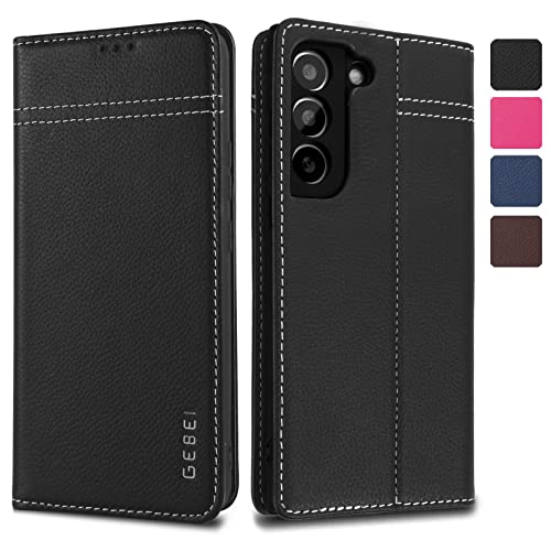 Hülle Echt Leder für Samsung Galaxy S22 Plus (S22+) 5G - Premium Echte Lederhülle mit Standfunktion Kartenfach Magnetverschluss Flip Case Ledertasche Handyhülle Schutzhülle Klapphülle – Schwarz von Gebei