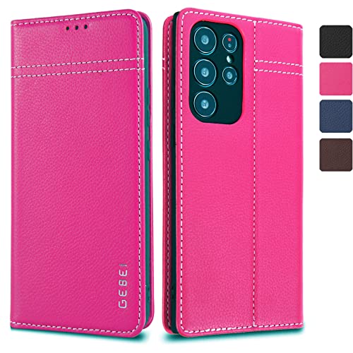 Hülle Echt Leder für Samsung Galaxy S22 Ultra 5G - Premium Echte Lederhülle mit Standfunktion und Kartenfach Flip Case Ledertasche Handyhülle Schutzhülle Klapphülle – Pink von Gebei