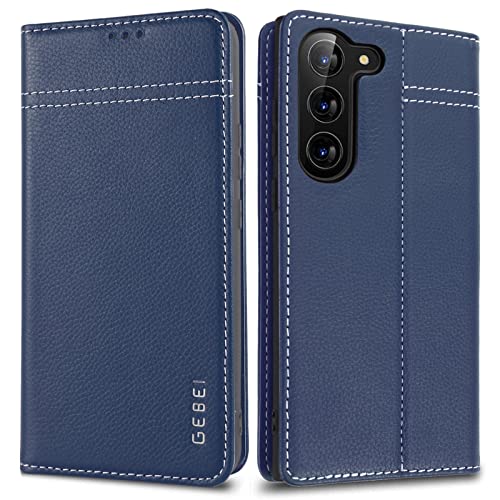 Hülle Echt Leder für Samsung Galaxy S23 5G - Premium Echte Lederhülle mit Standfunktion und Kartenfach Flip Case Ledertasche Handyhülle Schutzhülle Klapphülle - Blau von Gebei