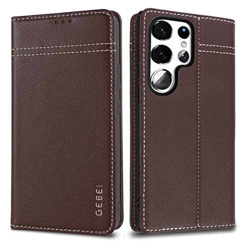 Hülle Echt Leder für Samsung Galaxy S23 Ultra 5G - Premium Echte Lederhülle mit Standfunktion und Kartenfach Flip Case Ledertasche Handyhülle Schutzhülle Klapphülle - Braun von Gebei