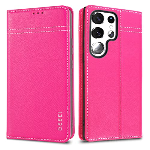 Hülle Echt Leder für Samsung Galaxy S23 Ultra 5G - Premium Echte Lederhülle mit Standfunktion und Kartenfach Flip Case Ledertasche Handyhülle Schutzhülle Klapphülle - Pink von Gebei