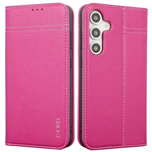 Hülle Echt Leder für Samsung Galaxy S24 FE 5G - Premium Lederhülle mit Standfunktion Kartenfach Magnetverschluss Flip Case Ledertasche Handyhülle Schutzhülle Klapphülle – Pink von Gebei
