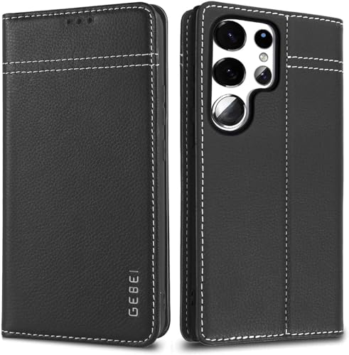 Hülle Echt Leder für Samsung Galaxy S24 Ultra 5G - Premium Lederhülle mit Standfunktion Kartenfach Flip Case Ledertasche Handyhülle Schutzhülle Klapphülle – Schwarz von Gebei