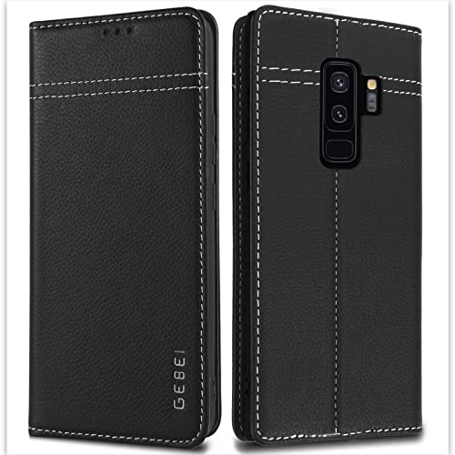 Hülle Echt Leder für Samsung Galaxy S9 (5,8") - Premium Echte Lederhülle mit Standfunktion Kartenfach Magnetverschluss Flip Case Ledertasche Handyhülle Schutzhülle Klapphülle – Schwarz von Gebei