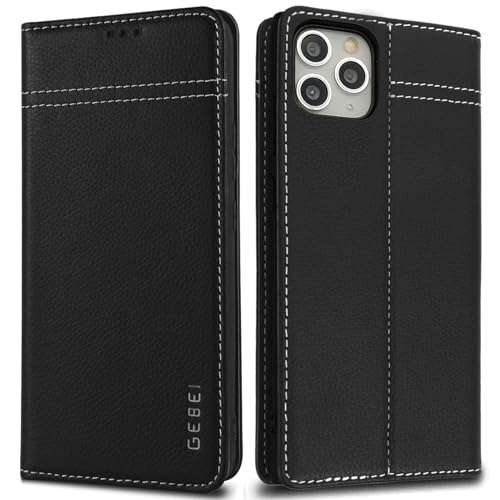 Hülle Echt Leder für iPhone 11 Pro (5,8") - Premium Lederhülle Klapphülle mit Standfunktion und Kartenfächer Flip Case Ledertasche für iPhone 11 Pro - 5,8 Zoll (Schwarz) von Gebei