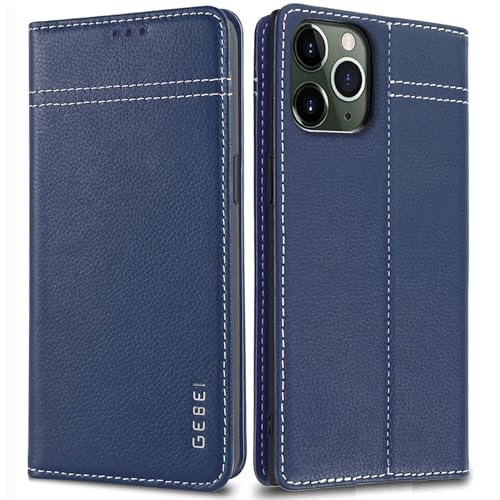 Hülle Echt Leder für iPhone 11 Pro Max (6,5") - Premium Lederhülle Klapphülle mit Standfunktion und Kartenfächer Flip Case Ledertasche für iPhone 11 Pro Max - 6,5 Zoll (Blau) von Gebei