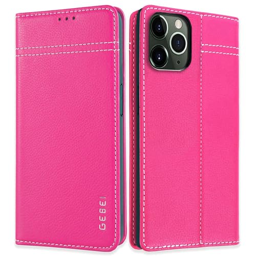 Hülle Echt Leder für iPhone 11 Pro Max (6,5") - Premium Lederhülle Klapphülle mit Standfunktion und Kartenfächer Flip Case Ledertasche für iPhone 11 Pro Max - 6,5 Zoll (Pink) von Gebei