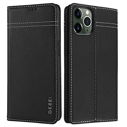 Hülle Echt Leder für iPhone 11 Pro Max (6,5") - Premium Lederhülle Klapphülle mit Standfunktion und Kartenfächer Flip Case Ledertasche für iPhone 11 Pro Max - 6,5 Zoll (Schwarz) von Gebei