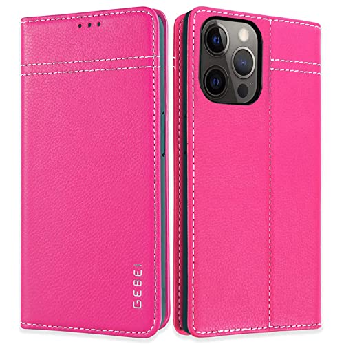 Hülle Echt Leder für iPhone 12/12 Pro (6,1") - Premium Echte Lederhülle mit Standfunktion Kartenfach Magnetverschluss Flip Case Ledertasche Handyhülle Schutzhülle Klapphülle – Pink von Gebei