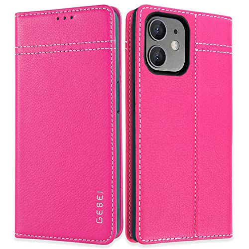 Hülle Echt Leder für iPhone 12 Mini (5,4") - Premium Lederhülle Klapphülle mit Standfunktion und Kartenfächer Flip Case Ledertasche für iPhone 12 Mini - 5,4 Zoll (Pink) von Gebei