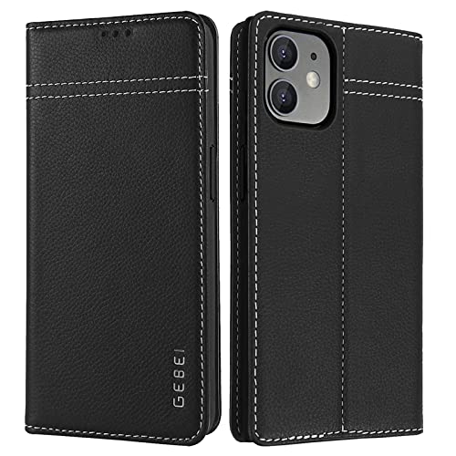 Hülle Echt Leder für iPhone 12 Mini (5,4") - Premium Lederhülle Klapphülle mit Standfunktion und Kartenfächer Flip Case Ledertasche für iPhone 12 Mini - 5,4 Zoll (Schwarz) von Gebei