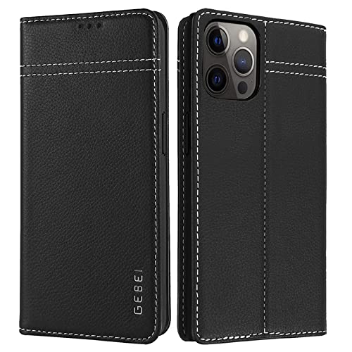 Hülle Echt Leder für iPhone 12 Pro Max (6,7") - Premium Echte Lederhülle mit Standfunktion Kartenfach Magnetverschluss Flip Case Ledertasche Handyhülle Schutzhülle Klapphülle – Schwarz von Gebei
