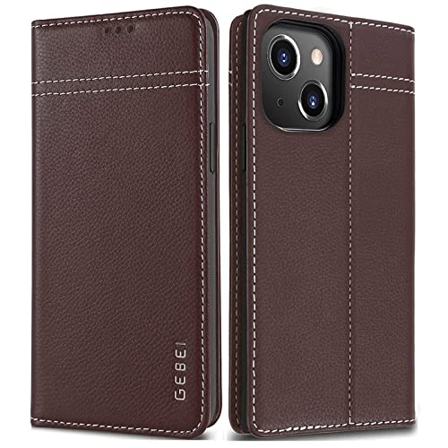 Hülle Echt Leder für iPhone 13 (6,1") - Premium Echte Lederhülle mit Standfunktion Kartenfach Magnetverschluss Flip Case Ledertasche Handyhülle Schutzhülle Klapphülle – Braun von Gebei