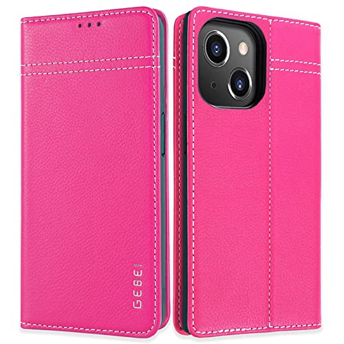 Hülle Echt Leder für iPhone 13 (6,1") - Premium Echte Lederhülle mit Standfunktion Kartenfach Magnetverschluss Flip Case Ledertasche Handyhülle Schutzhülle Klapphülle – Pink von Gebei