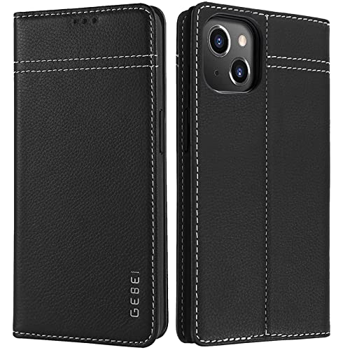 Hülle Echt Leder für iPhone 13 (6,1") - Premium Echte Lederhülle mit Standfunktion Kartenfach Magnetverschluss Flip Case Ledertasche Handyhülle Schutzhülle Klapphülle – Schwarz von Gebei