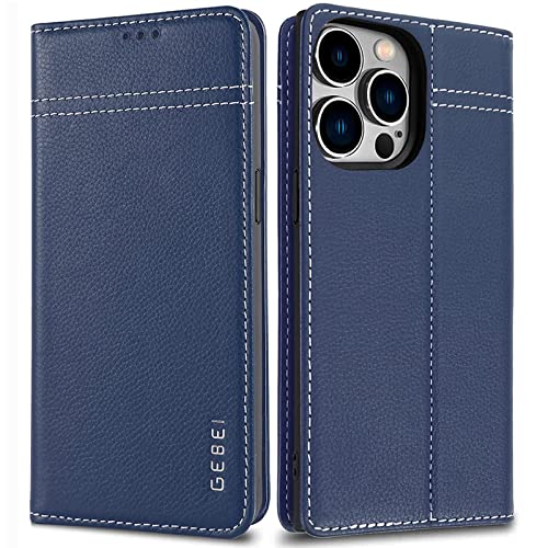 Hülle Echt Leder für iPhone 13 Pro (6,1") - Premium Echte Lederhülle mit Standfunktion Kartenfach Magnetverschluss Flip Case Ledertasche Handyhülle Schutzhülle Klapphülle – Blau von Gebei