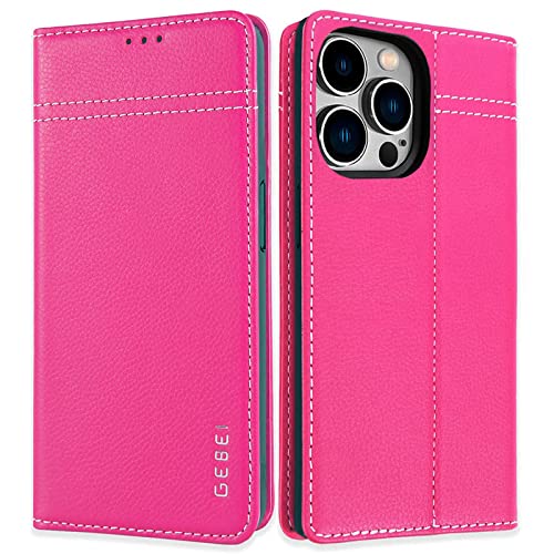 Hülle Echt Leder für iPhone 13 Pro (6,1") - Premium Echte Lederhülle mit Standfunktion Kartenfach Magnetverschluss Flip Case Ledertasche Handyhülle Schutzhülle Klapphülle – Pink von Gebei