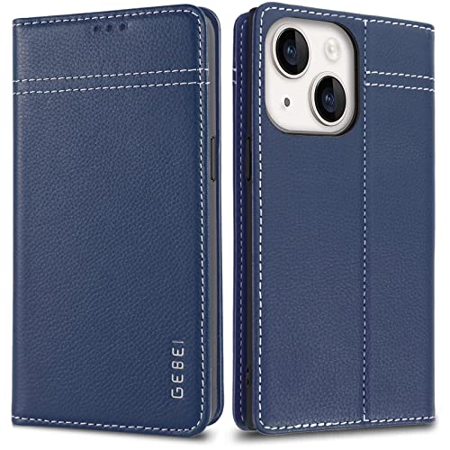 Hülle Echt Leder für iPhone 14 (6,1)- Premium Echte Lederhülle mit Standfunktion Kartenfach Magnetverschluss Flip Case Ledertasche Handyhülle Schutzhülle Klapphülle – Blau von Gebei