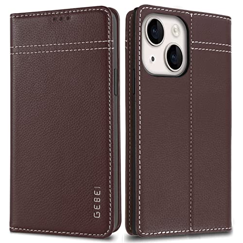 Hülle Echt Leder für iPhone 14 (6,1)- Premium Echte Lederhülle mit Standfunktion Kartenfach Magnetverschluss Flip Case Ledertasche Handyhülle Schutzhülle Klapphülle – Braun von Gebei