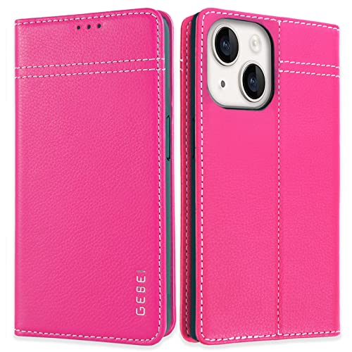 Hülle Echt Leder für iPhone 14 (6,1)- Premium Echte Lederhülle mit Standfunktion Kartenfach Magnetverschluss Flip Case Ledertasche Handyhülle Schutzhülle Klapphülle – Pink von Gebei