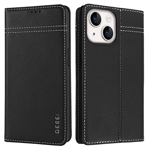 Hülle Echt Leder für iPhone 14 (6,1")- Premium Echte Lederhülle mit Standfunktion Kartenfach Magnetverschluss Flip Case Ledertasche Handyhülle Schutzhülle Klapphülle – Schwarz von Gebei