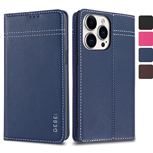 Hülle Echt Leder für iPhone 14 Pro (6,1") - Premium Echte Lederhülle mit Standfunktion Kartenfach Magnetverschluss Flip Case Ledertasche Handyhülle Schutzhülle Klapphülle – Blau von Gebei