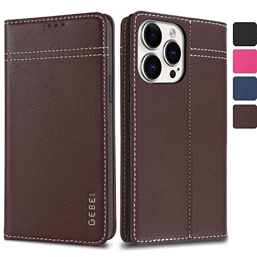 Hülle Echt Leder für iPhone 14 Pro (6,1") - Premium Echte Lederhülle mit Standfunktion Kartenfach Magnetverschluss Flip Case Ledertasche Handyhülle Schutzhülle Klapphülle – Braun von Gebei