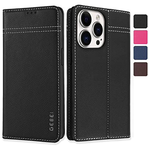 Hülle Echt Leder für iPhone 14 Pro (6,1") - Premium Echte Lederhülle mit Standfunktion Kartenfach Magnetverschluss Flip Case Ledertasche Handyhülle Schutzhülle Klapphülle – Schwarz von Gebei