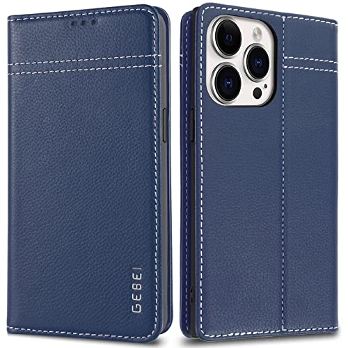 Hülle Echt Leder für iPhone 14 Pro Max (6,7") - Premium Echte Lederhülle mit Standfunktion Kartenfach Magnetverschluss Flip Case Ledertasche Handyhülle Schutzhülle Klapphülle – Blau von Gebei