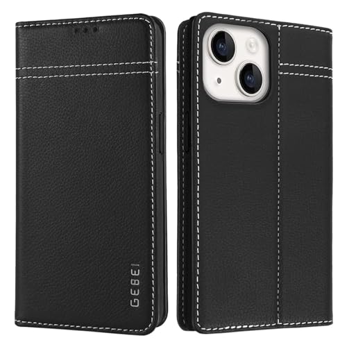 Hülle Echt Leder für iPhone 15 (6,1") - Premium Echte Lederhülle mit Standfunktion Kartenfach Magnetverschluss Flip Case Ledertasche Handyhülle Schutzhülle Klapphülle – Schwarz von Gebei