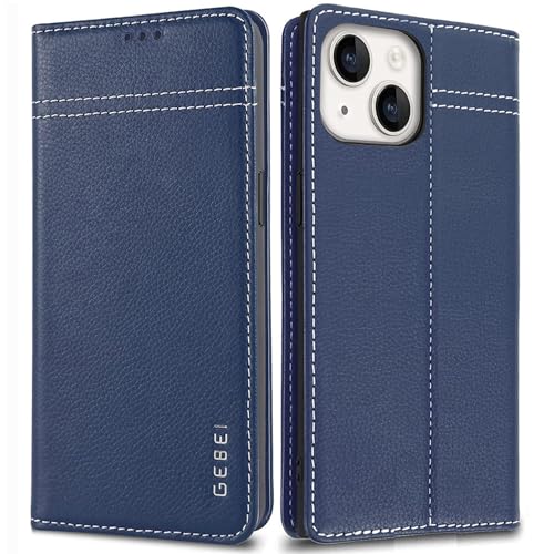 Hülle Echt Leder für iPhone 15 Plus (6,7") - Premium Echte Lederhülle mit Standfunktion Kartenfach Magnetverschluss Flip Case Ledertasche Handyhülle Schutzhülle Klapphülle – Blau von Gebei