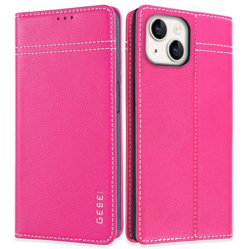 Hülle Echt Leder für iPhone 15 Plus (6,7") - Premium Echte Lederhülle mit Standfunktion Kartenfach Magnetverschluss Flip Case Ledertasche Handyhülle Schutzhülle Klapphülle – Pink von Gebei