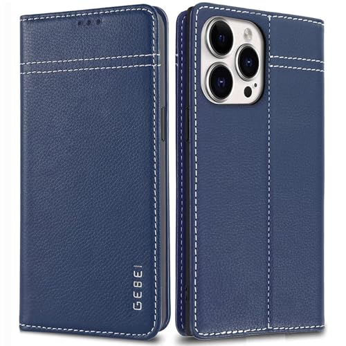 Hülle Echt Leder für iPhone 15 Pro Max (6,7") - Premium Echte Lederhülle mit Standfunktion Kartenfach Magnetverschluss Flip Case Ledertasche Handyhülle Schutzhülle Klapphülle – Blau von Gebei