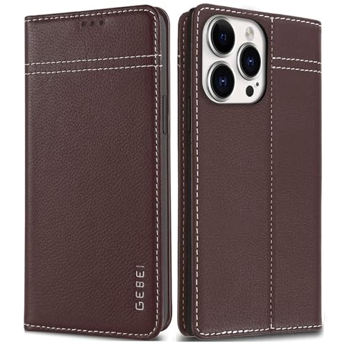 Hülle Echt Leder für iPhone 15 Pro Max (6,7") - Premium Echte Lederhülle mit Standfunktion Kartenfach Magnetverschluss Flip Case Ledertasche Handyhülle Schutzhülle Klapphülle – Braun von Gebei
