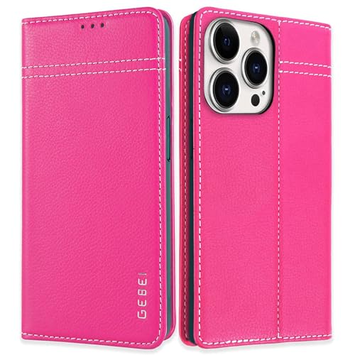 Hülle Echt Leder für iPhone 15 Pro Max (6,7") - Premium Echte Lederhülle mit Standfunktion Kartenfach Magnetverschluss Flip Case Ledertasche Handyhülle Schutzhülle Klapphülle – Pink von Gebei