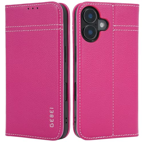 Hülle Echt Leder für iPhone 16 (6,1") - Premium Echte Lederhülle mit Standfunktion Kartenfach Magnetverschluss Flip Case Ledertasche Handyhülle Schutzhülle Klapphülle – Pink von Gebei
